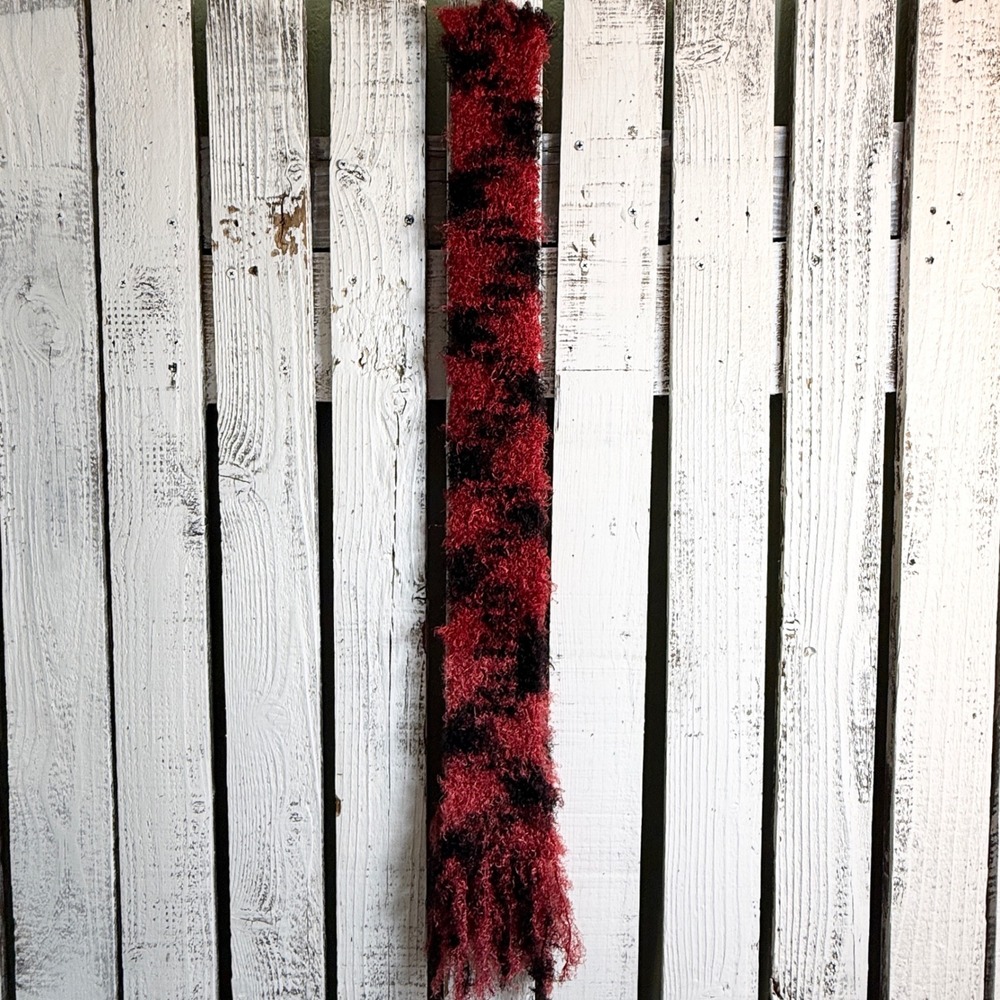 Handmade Crochet Woven Red Black Pink Fuzzy Knit Fringe Scarf One of a Kind Boho - Picture 7 of 10